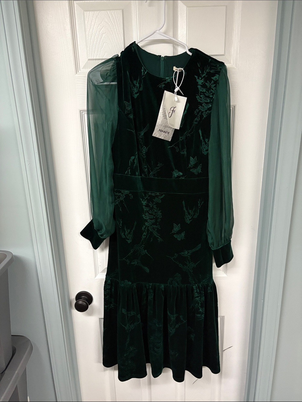 Fehaute Forest Green Velvet Long-Sleeve Ruffle-Hem Dress NWT